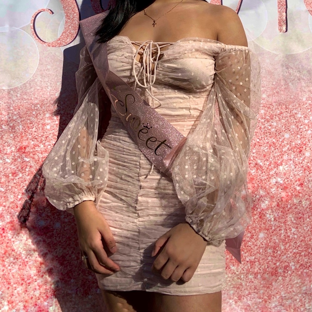 Windsor Blush Off The Shoulder Ruched Dotted
Mini Dress